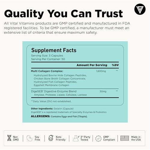 Vital Vitamins Multi Collagen Capsules  2 Pack    Type I  II  III  V  X   Grass Fed  Collagen Peptides Supplements  Non GMO   for Men & Women