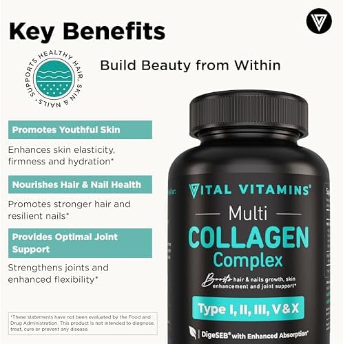 Vital Vitamins Multi Collagen for Women & Men   Type I  II  III  V  X   Grass Fed  Non GMO   150 Capsules