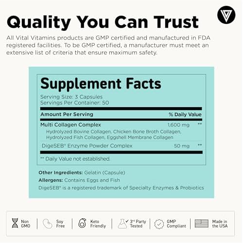 Vital Vitamins Multi Collagen for Women & Men   Type I  II  III  V  X   Grass Fed  Non GMO   150 Capsules