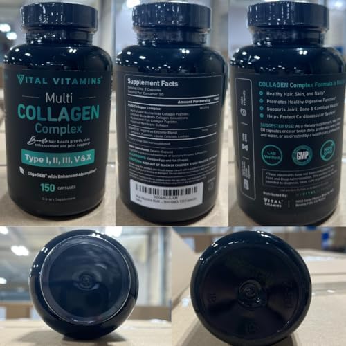 Vital Vitamins Multi Collagen for Women & Men   Type I  II  III  V  X   Grass Fed  Non GMO   150 Capsules