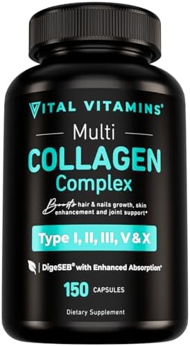 Vital Vitamins Multi Collagen for Women & Men   Type I  II  III  V  X   Grass Fed  Non GMO   150 Capsules