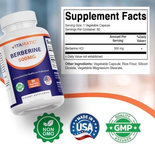 Vitamatic Berberine Supplement 500mg   60 Vegetable Capsules   Made in the USA   Gluten Free   Non GMO  2 Bottles