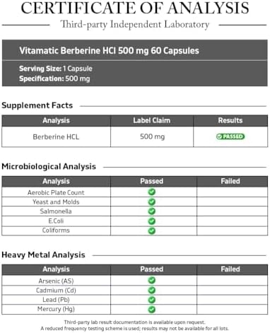Vitamatic Berberine Supplement 500mg   60 Vegetable Capsules   Made in the USA   Gluten Free   Non GMO  2 Bottles