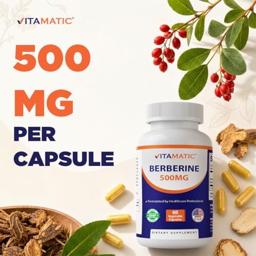 Vitamatic Berberine Supplement 500mg   60 Vegetable Capsules   Made in the USA   Gluten Free   Non GMO  2 Bottles