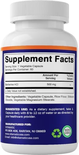 Vitamatic Berberine Supplement 500mg   60 Vegetable Capsules   Made in the USA   Gluten Free   Non GMO  2 Bottles