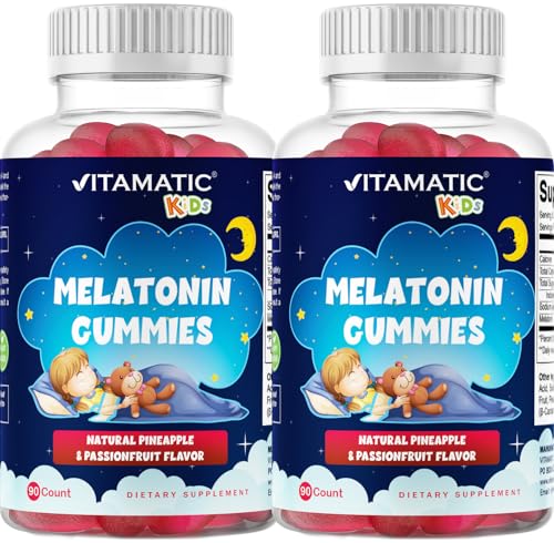 Vitamatic Sugar Free Kids Melatonin 1mg  90 Gummies  Pineapple & passionfruit Flavored Gummies  90 Days Supply  2 Pack