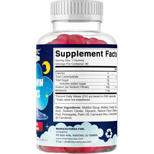 Vitamatic Sugar Free Kids Melatonin 1mg  90 Gummies  Pineapple & passionfruit Flavored Gummies  90 Days Supply  2 Pack
