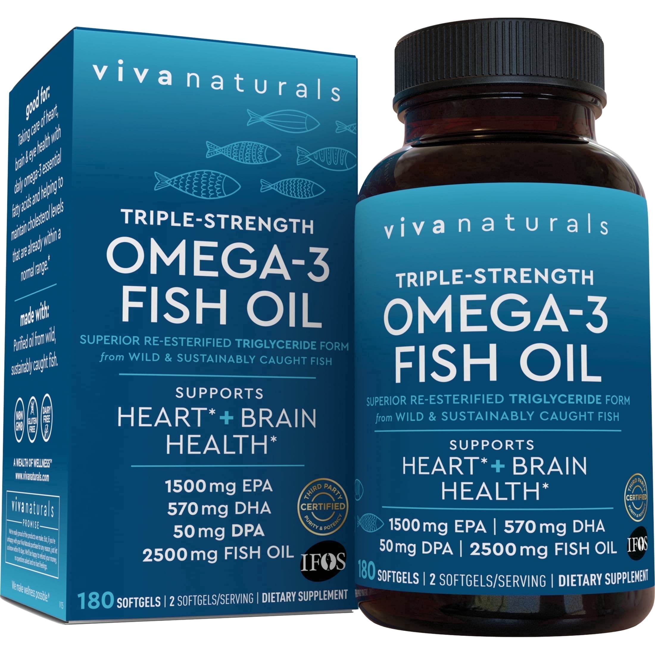 Viva Naturals Triple Strength Omega 3 Fish Oil Supplement  2500 mg  180 Pescatarian Friendly Softgels  Provides EPA & DHA  Supports Heart and Brain Health  