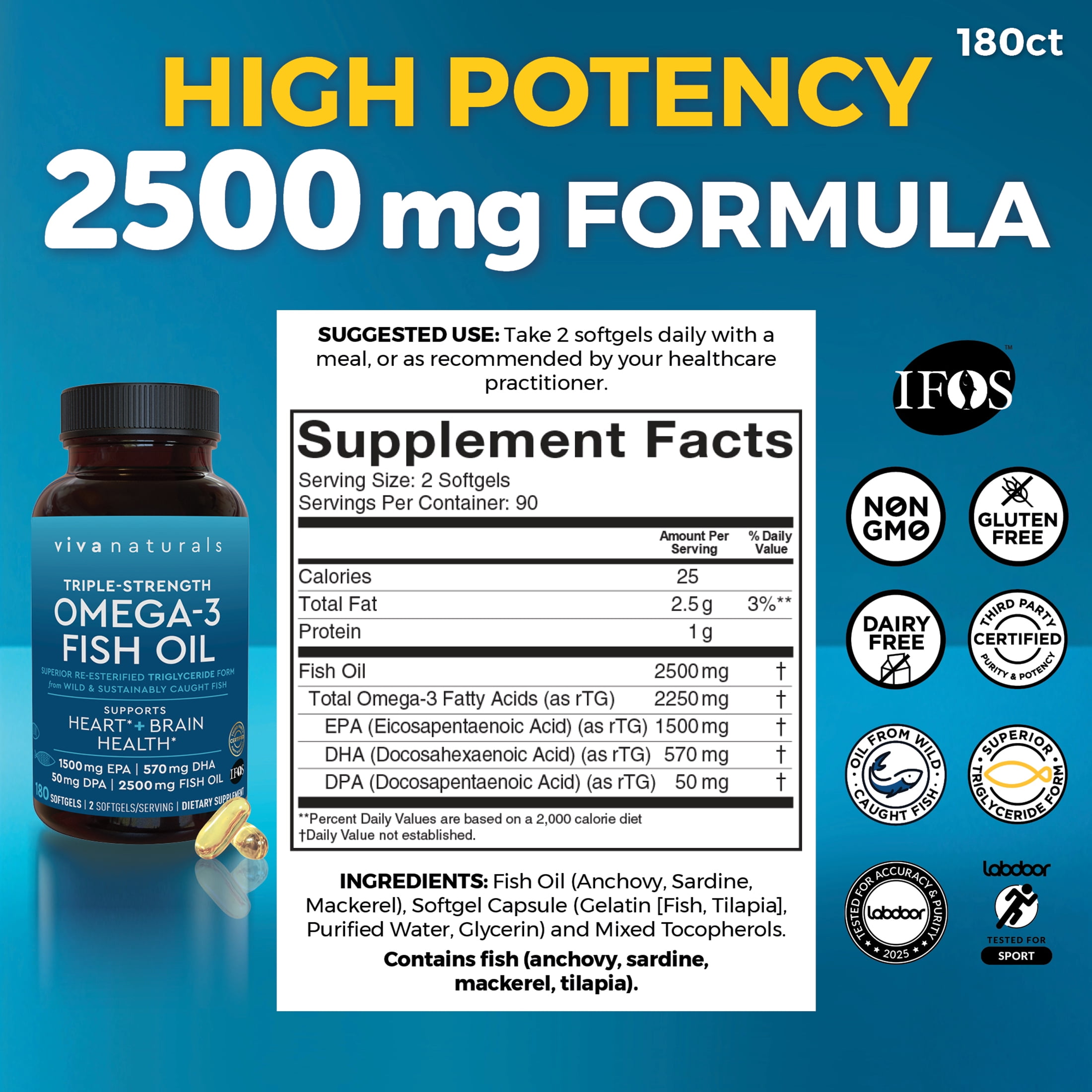 Viva Naturals Triple Strength Omega 3 Fish Oil Supplement  2500 mg  180 Pescatarian Friendly Softgels  Provides EPA & DHA  Supports Heart and Brain Health  