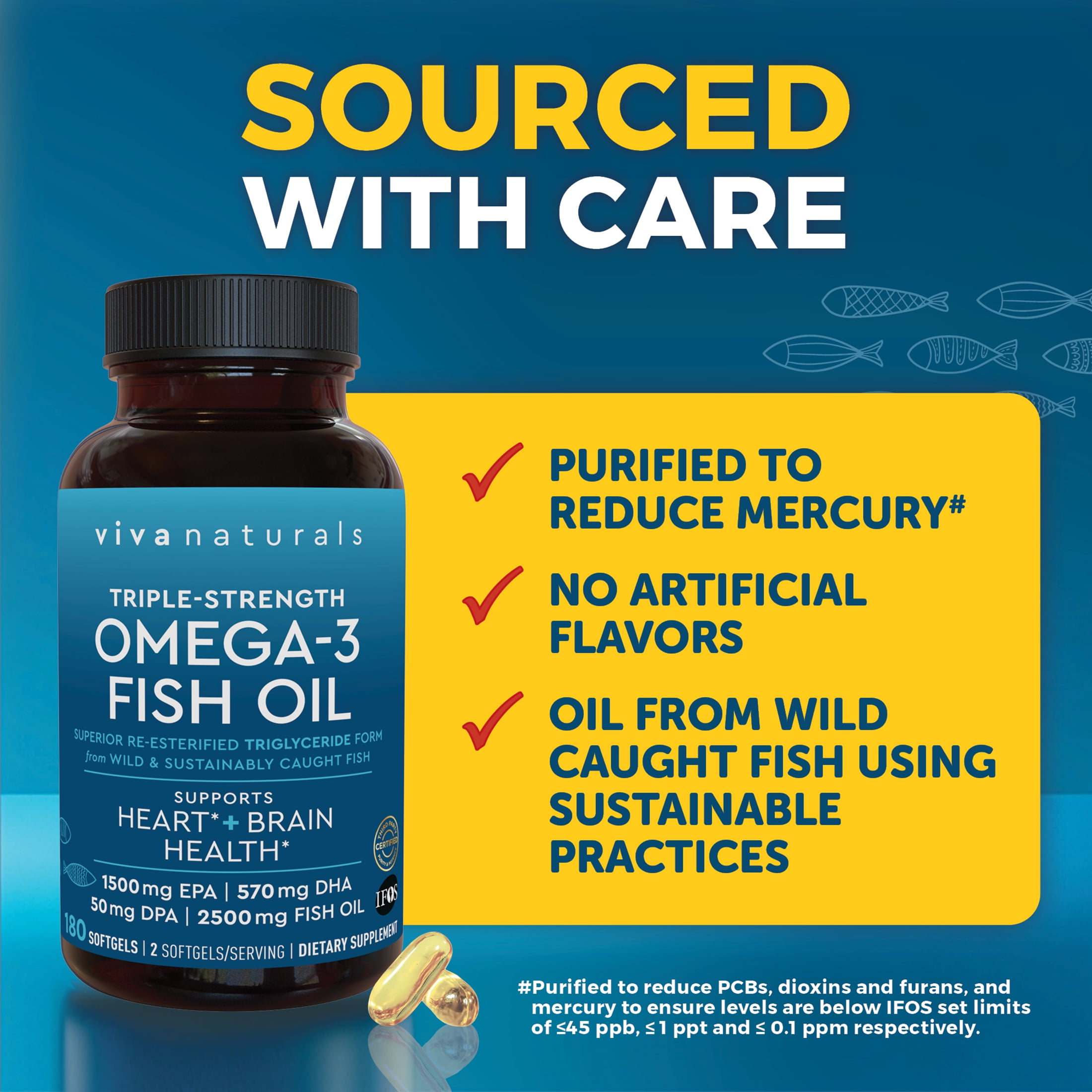 Viva Naturals Triple Strength Omega 3 Fish Oil Supplement  2500 mg  180 Pescatarian Friendly Softgels  Provides EPA & DHA  Supports Heart and Brain Health  
