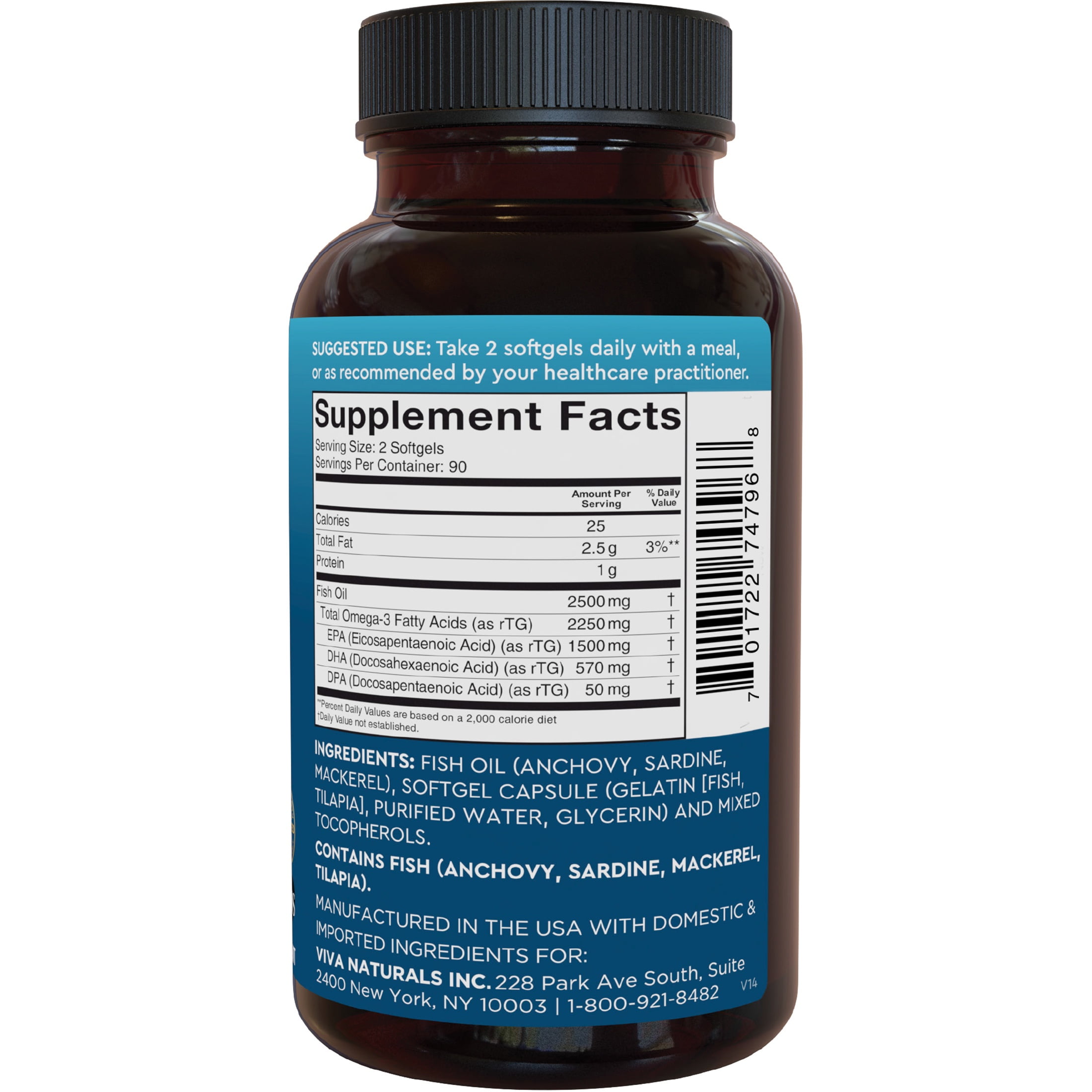 Viva Naturals Triple Strength Omega 3 Fish Oil Supplement  2500 mg  180 Pescatarian Friendly Softgels  Provides EPA & DHA  Supports Heart and Brain Health  