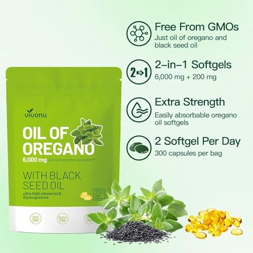 VivoNu Oil of Oregano with Black Seed Oil  Balanced Oil of Oregano Capsules  Organic OreganoOil Softgels Carvacrol Thymoquinone  Non GMO