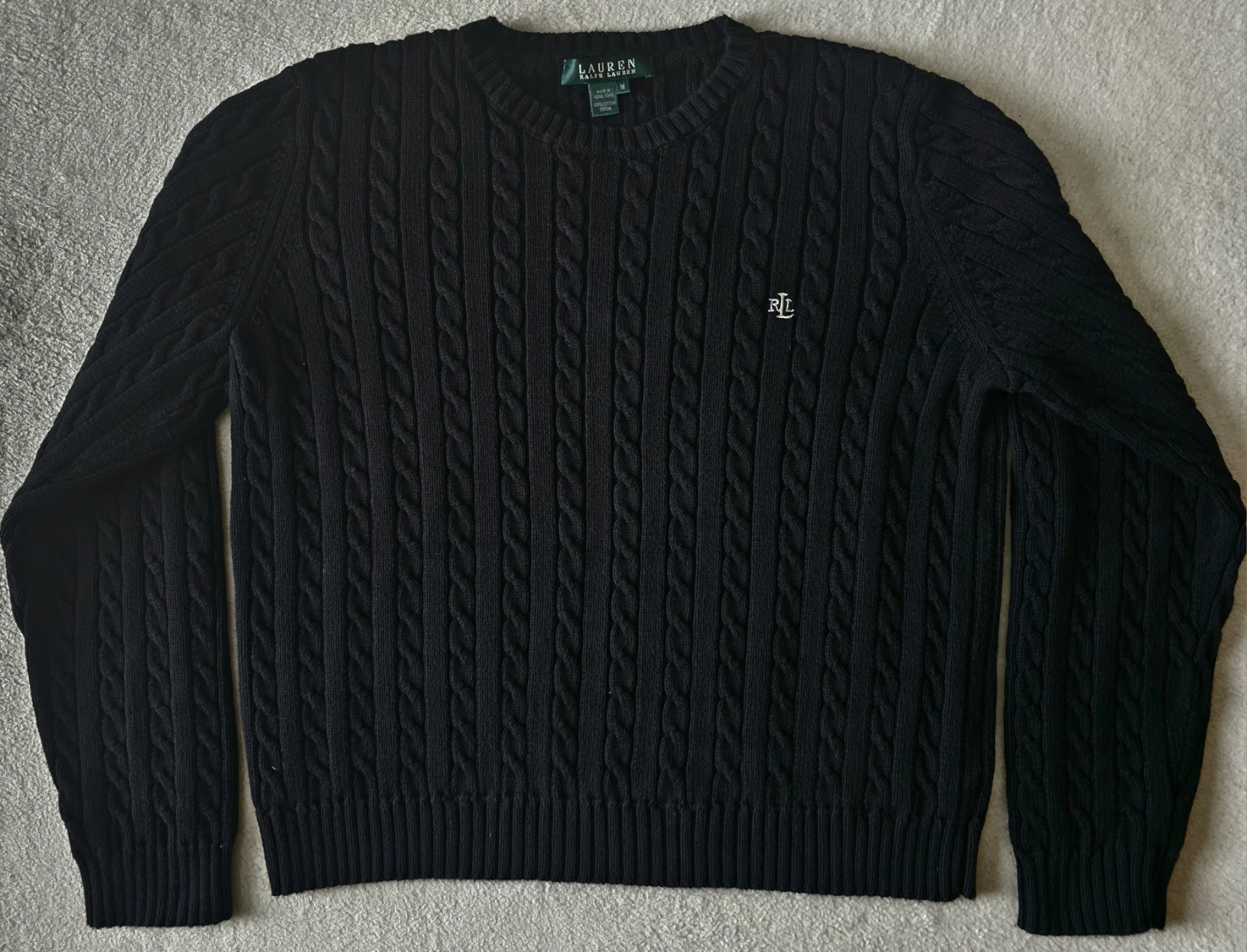 Vtg LAUREN Ralph Lauren Cotton Cable Crewneck Pony Logo Sweater Black Woman s M