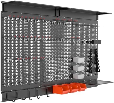 WALMANN 113 PCS Pegboard Wall Organizer Kit with Pegboard Hooks  Bins  Shelves  Pegboard Tools Storage System for Garage  Workbench  Modular Peg Board Tool Organizer Board with Hooks Black 