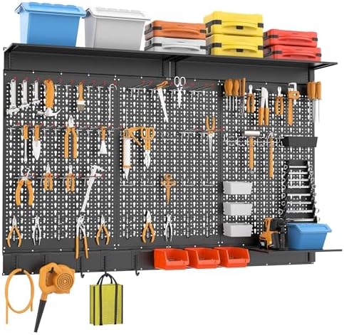 WALMANN 113 PCS Pegboard Wall Organizer Kit with Pegboard Hooks  Bins  Shelves  Pegboard Tools Storage System for Garage  Workbench  Modular Peg Board Tool Organizer Board with Hooks Black 