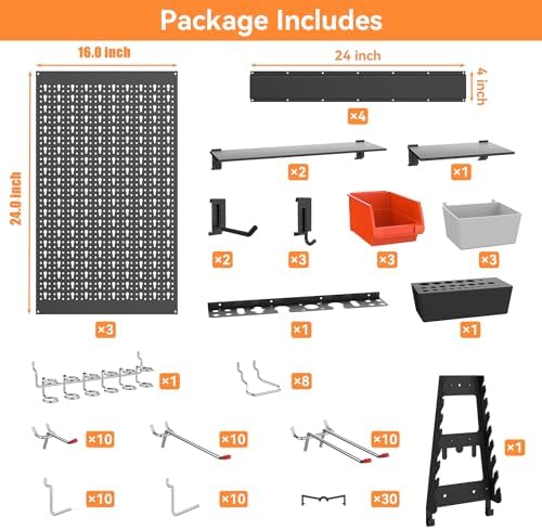 WALMANN 113 PCS Pegboard Wall Organizer Kit with Pegboard Hooks  Bins  Shelves  Pegboard Tools Storage System for Garage  Workbench  Modular Peg Board Tool Organizer Board with Hooks Black 