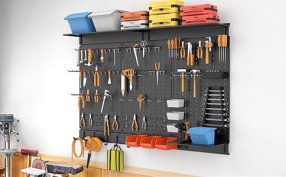 WALMANN 113 PCS Pegboard Wall Organizer Kit with Pegboard Hooks  Bins  Shelves  Pegboard Tools Storage System for Garage  Workbench  Modular Peg Board Tool Organizer Board with Hooks Black 