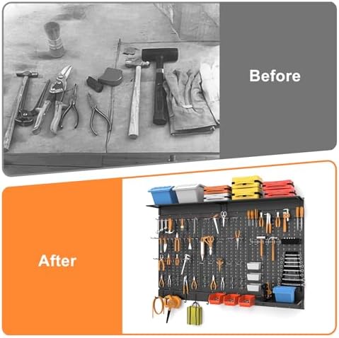 WALMANN 113 PCS Pegboard Wall Organizer Kit with Pegboard Hooks  Bins  Shelves  Pegboard Tools Storage System for Garage  Workbench  Modular Peg Board Tool Organizer Board with Hooks Black 