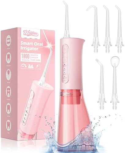 WELLFINE Water Dental Flosser Teeth Pick  Portable Cordless 4 Modes Flossers Pic 300ML Rechargeable Floss Pik Powerful IPX7 Waterproof Oral Irrigator for Cleaning Gum Care Braces for Home Travel