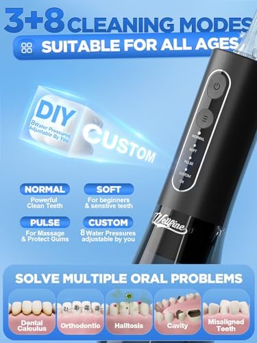 WELLFINE Water Dental Flosser Teeth Pick  Portable Cordless 4 Modes Flossers Pic 300ML Rechargeable Floss Pik Powerful IPX7 Waterproof Oral Irrigator for Cleaning Gum Care Braces for Home Travel