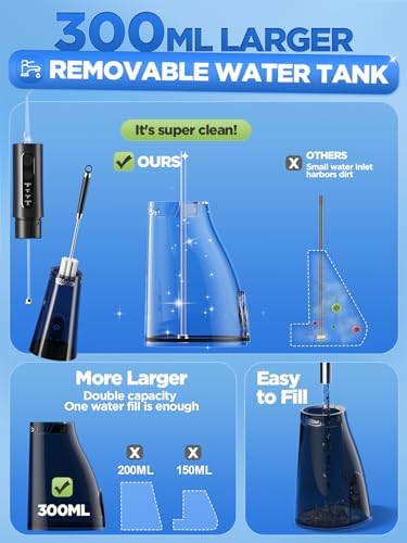 WELLFINE Water Dental Flosser Teeth Pick  Portable Cordless 4 Modes Flossers Pic 300ML Rechargeable Floss Pik Powerful IPX7 Waterproof Oral Irrigator for Cleaning Gum Care Braces for Home Travel