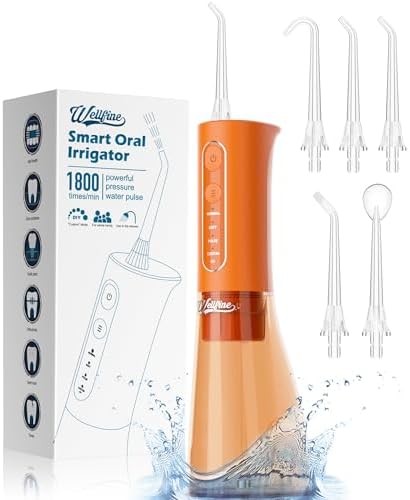 WELLFINE Water Dental Flosser Teeth Pick  Portable Cordless 4 Modes Flossers Pic 300ML Rechargeable Floss Pik Powerful IPX7 Waterproof Oral Irrigator for Cleaning Gum Care Braces for Home Travel