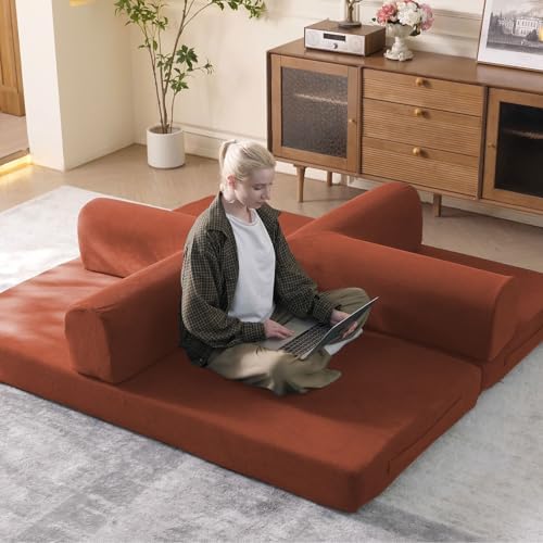 WHGBJA 79 Convertible Sleeper Sofa Bed with Cylindrical Pillow  Corduroy Folding Mattress Couch with Fixed Shape Frame  Floor Sofa Lounge Couch for Living Room Bedroom Lounge Studio