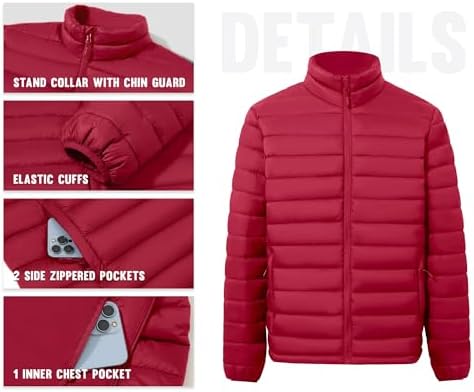 WHN Chaqueta acolchada para hombre, ligera, impermeable, resistente al viento, cuello alto, con cremallera completa, con 3 bolsillos