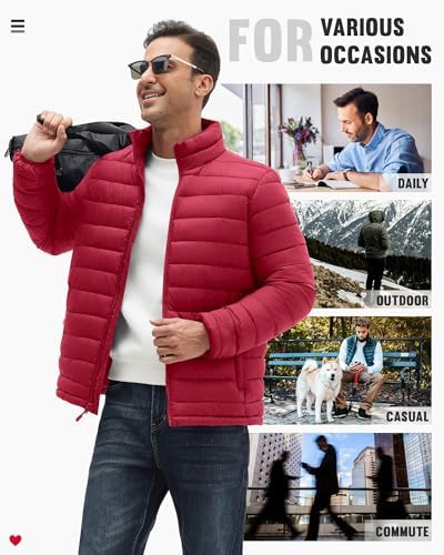 WHN Chaqueta acolchada para hombre, ligera, impermeable, resistente al viento, cuello alto, con cremallera completa, con 3 bolsillos