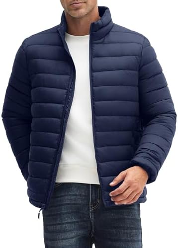 WHN Chaqueta acolchada para hombre, ligera, impermeable, resistente al viento, cuello alto, con cremallera completa, con 3 bolsillos