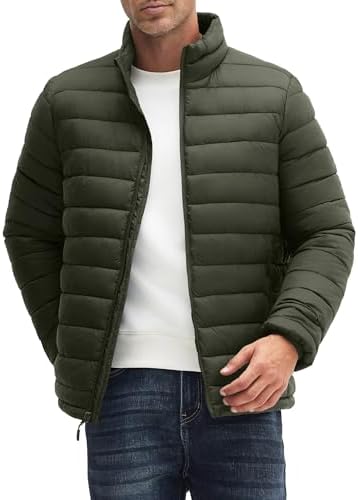WHN Chaqueta acolchada para hombre, ligera, impermeable, resistente al viento, cuello alto, con cremallera completa, con 3 bolsillos