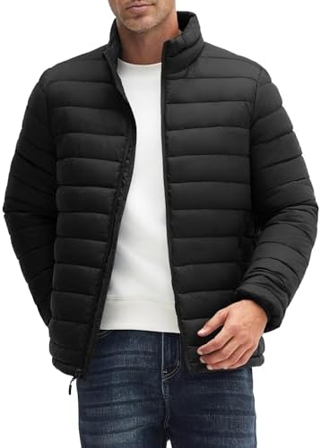 WHN Chaqueta acolchada para hombre, ligera, impermeable, resistente al viento, cuello alto, con cremallera completa, con 3 bolsillos