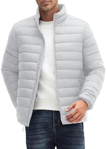 WHN Chaqueta acolchada para hombre, ligera, impermeable, resistente al viento, cuello alto, con cremallera completa, con 3 bolsillos