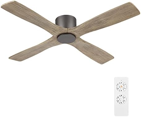WINGBO 54 Inch Flush Mount DC Ceiling Fan without Lights  4 Reversible Carved Wood Blades  6 Speed Noiseless DC Motor  Hugger Ceiling Fan No Lights in Graphite Finish with Gray Blades  ETL Listed