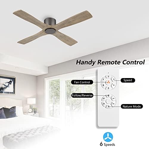 WINGBO 54 Inch Flush Mount DC Ceiling Fan without Lights  4 Reversible Carved Wood Blades  6 Speed Noiseless DC Motor  Hugger Ceiling Fan No Lights in Graphite Finish with Gray Blades  ETL Listed