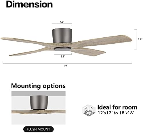 WINGBO 54 Inch Flush Mount DC Ceiling Fan without Lights  4 Reversible Carved Wood Blades  6 Speed Noiseless DC Motor  Hugger Ceiling Fan No Lights in Graphite Finish with Gray Blades  ETL Listed