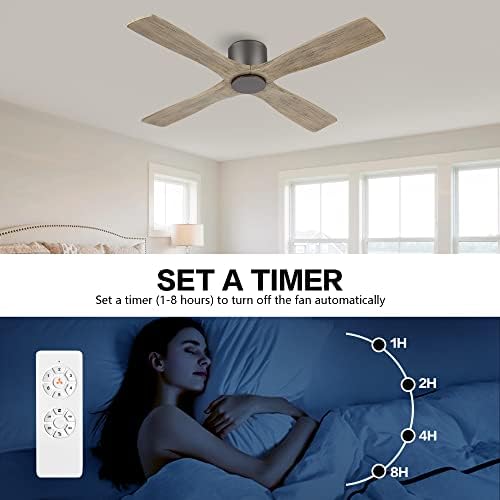 WINGBO 54 Inch Flush Mount DC Ceiling Fan without Lights  4 Reversible Carved Wood Blades  6 Speed Noiseless DC Motor  Hugger Ceiling Fan No Lights in Graphite Finish with Gray Blades  ETL Listed