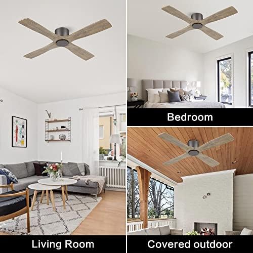 WINGBO 54 Inch Flush Mount DC Ceiling Fan without Lights  4 Reversible Carved Wood Blades  6 Speed Noiseless DC Motor  Hugger Ceiling Fan No Lights in Graphite Finish with Gray Blades  ETL Listed
