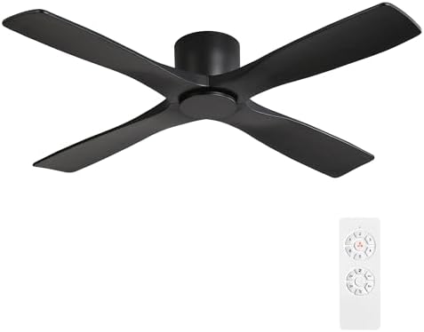 WINGBO 54 Inch Flush Mount DC Ceiling Fan without Lights  4 Reversible Carved Wood Blades  6 Speed Noiseless DC Motor  Hugger Ceiling Fan No Lights in Graphite Finish with Gray Blades  ETL Listed