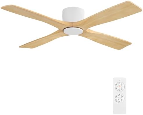 WINGBO 54 Inch Flush Mount DC Ceiling Fan without Lights  4 Reversible Carved Wood Blades  6 Speed Noiseless DC Motor  Hugger Ceiling Fan No Lights in Graphite Finish with Gray Blades  ETL Listed