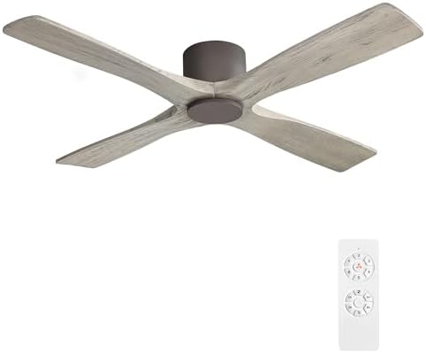 WINGBO 54 Inch Flush Mount DC Ceiling Fan without Lights  4 Reversible Carved Wood Blades  6 Speed Noiseless DC Motor  Hugger Ceiling Fan No Lights in Graphite Finish with Gray Blades  ETL Listed