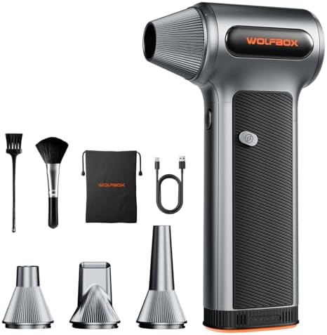 WOLFBOX MF200 Electric Air Duster with Removable Battery & 4 Nozzles  Cordless 3 Speed Adjustable Mini Blower for Computer Keyboard  Car Cleaning  Home  and Outdoor Use