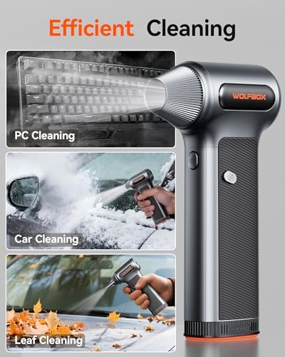 WOLFBOX MF200 Electric Air Duster with Removable Battery & 4 Nozzles  Cordless 3 Speed Adjustable Mini Blower for Computer Keyboard  Car Cleaning  Home  and Outdoor Use