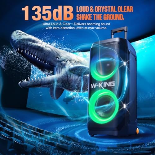 W KING Portable Speaker Bluetooth Partybox  370W MAX Pro Sound Loud  Deepest Bass Large Outdoor Boom Box Wireless  CSB  Telescopic Handle&Sturdy Wheels  25H  Futuristic Light MIC&Guitar in
