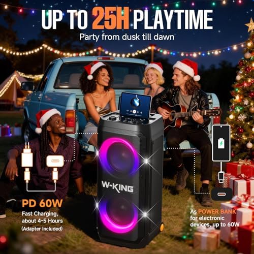 W KING Portable Speaker Bluetooth Partybox  370W MAX Pro Sound Loud  Deepest Bass Large Outdoor Boom Box Wireless  CSB  Telescopic Handle&Sturdy Wheels  25H  Futuristic Light MIC&Guitar in