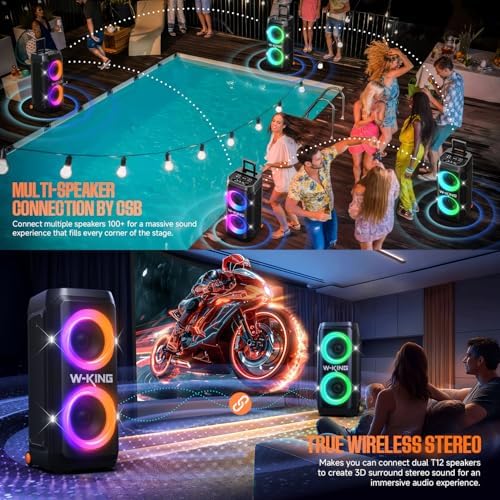 W KING Portable Speaker Bluetooth Partybox  370W MAX Pro Sound Loud  Deepest Bass Large Outdoor Boom Box Wireless  CSB  Telescopic Handle&Sturdy Wheels  25H  Futuristic Light MIC&Guitar in