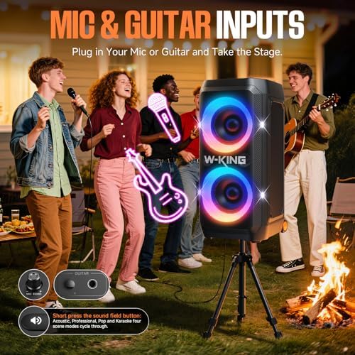 W KING Portable Speaker Bluetooth Partybox  370W MAX Pro Sound Loud  Deepest Bass Large Outdoor Boom Box Wireless  CSB  Telescopic Handle&Sturdy Wheels  25H  Futuristic Light MIC&Guitar in