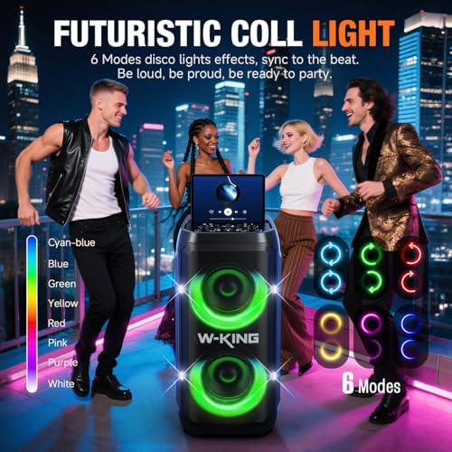 W KING Portable Speaker Bluetooth Partybox  370W MAX Pro Sound Loud  Deepest Bass Large Outdoor Boom Box Wireless  CSB  Telescopic Handle&Sturdy Wheels  25H  Futuristic Light MIC&Guitar in