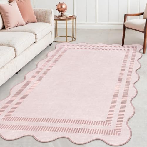 Washable 3x5 Indoor Entryway Rug  Solid Pink Non Slip Rugs for Bedroom Girls  Stain Resistant Scalloped Soft Carpet for Nursery Dorm Kitchen