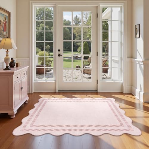 Washable 3x5 Indoor Entryway Rug  Solid Pink Non Slip Rugs for Bedroom Girls  Stain Resistant Scalloped Soft Carpet for Nursery Dorm Kitchen